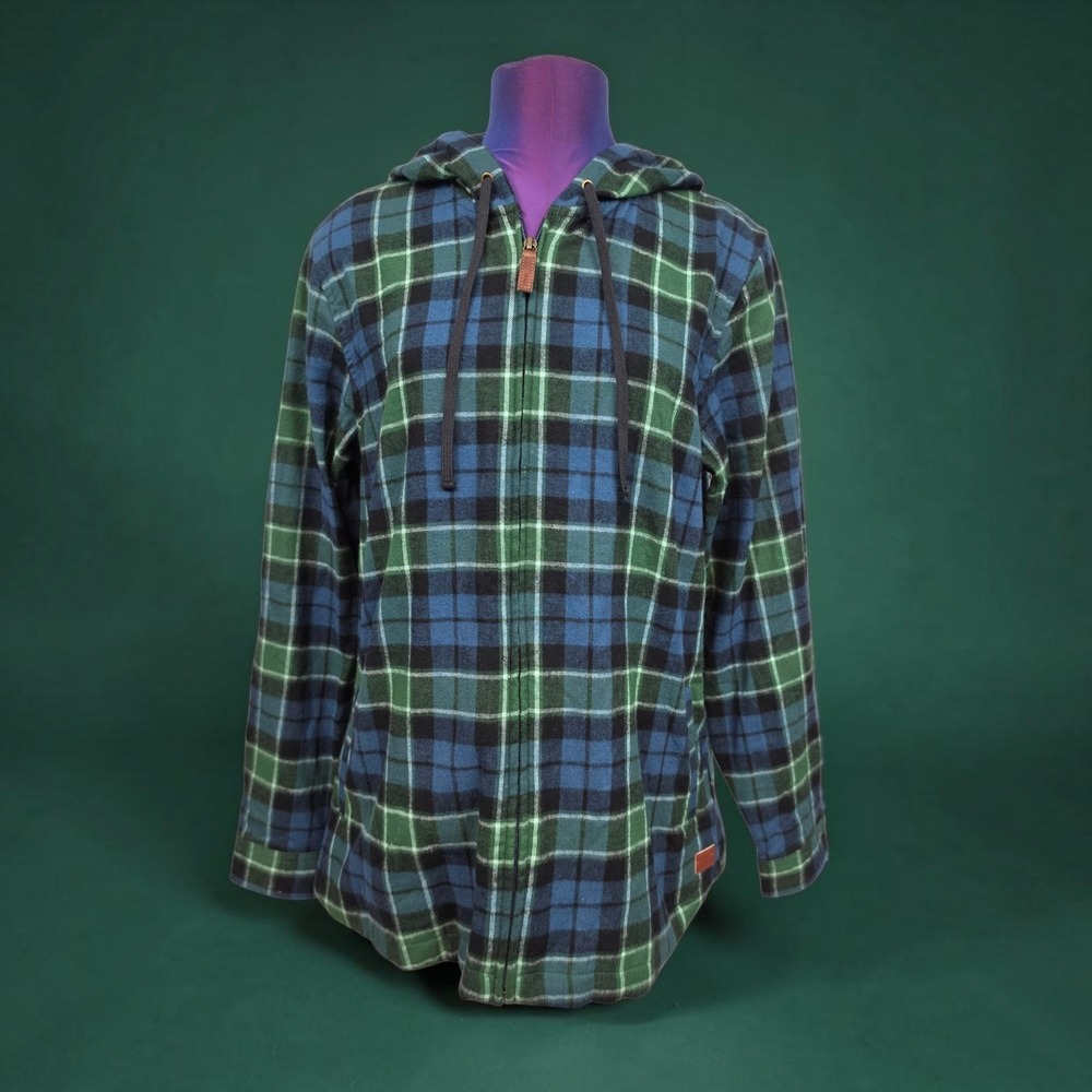 LL Bean Relaxed Fit Full Zip Hooded Flannel Plaid Shirt Blue Green Large Tall